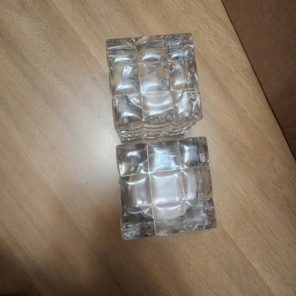 2-Towle Heavy Modern art deco Cubist Crystal table Vase ,Candle, make-up brush